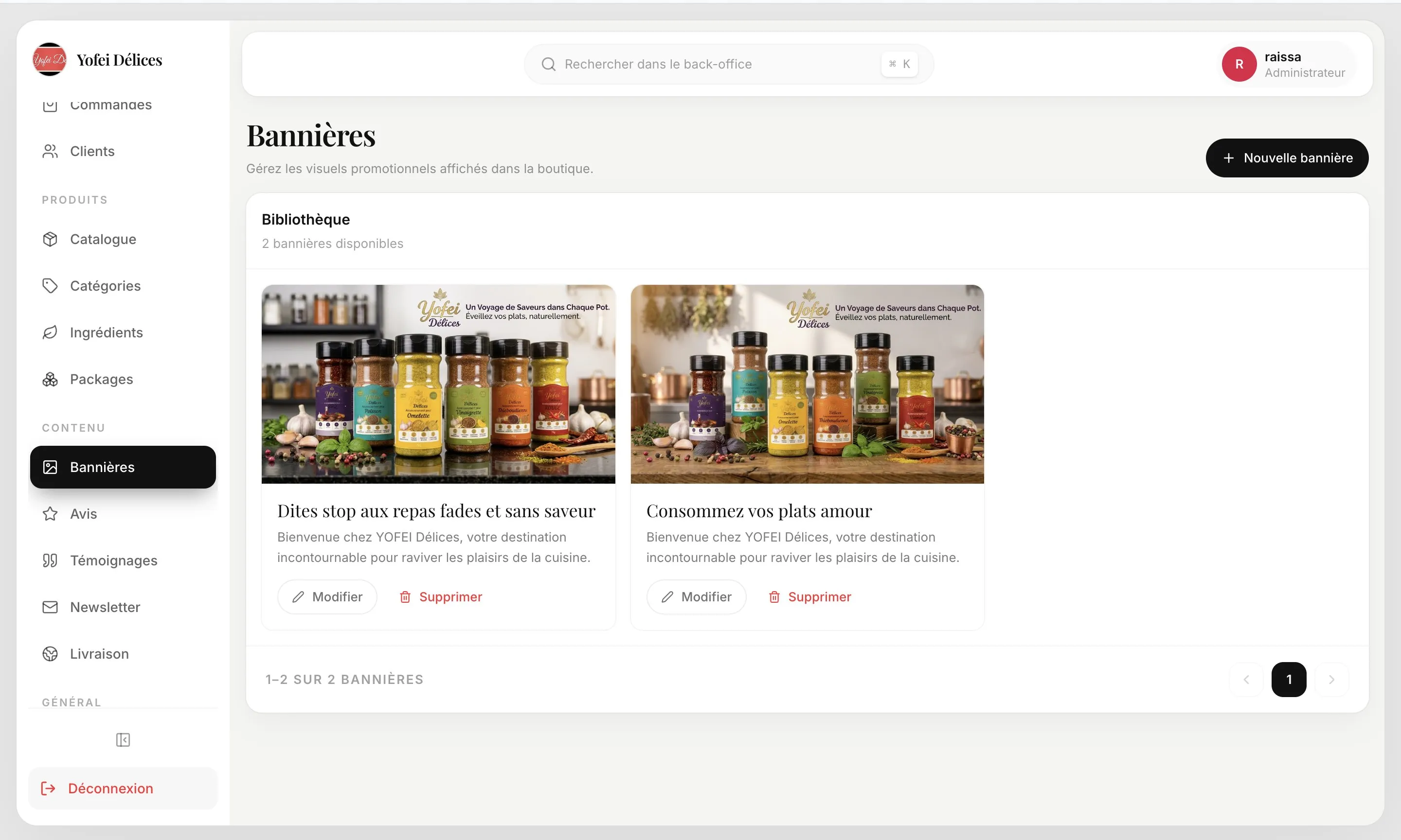 Back-office, bannières : visuels de la page d'accueil avec leurs titres, à modifier ou supprimer