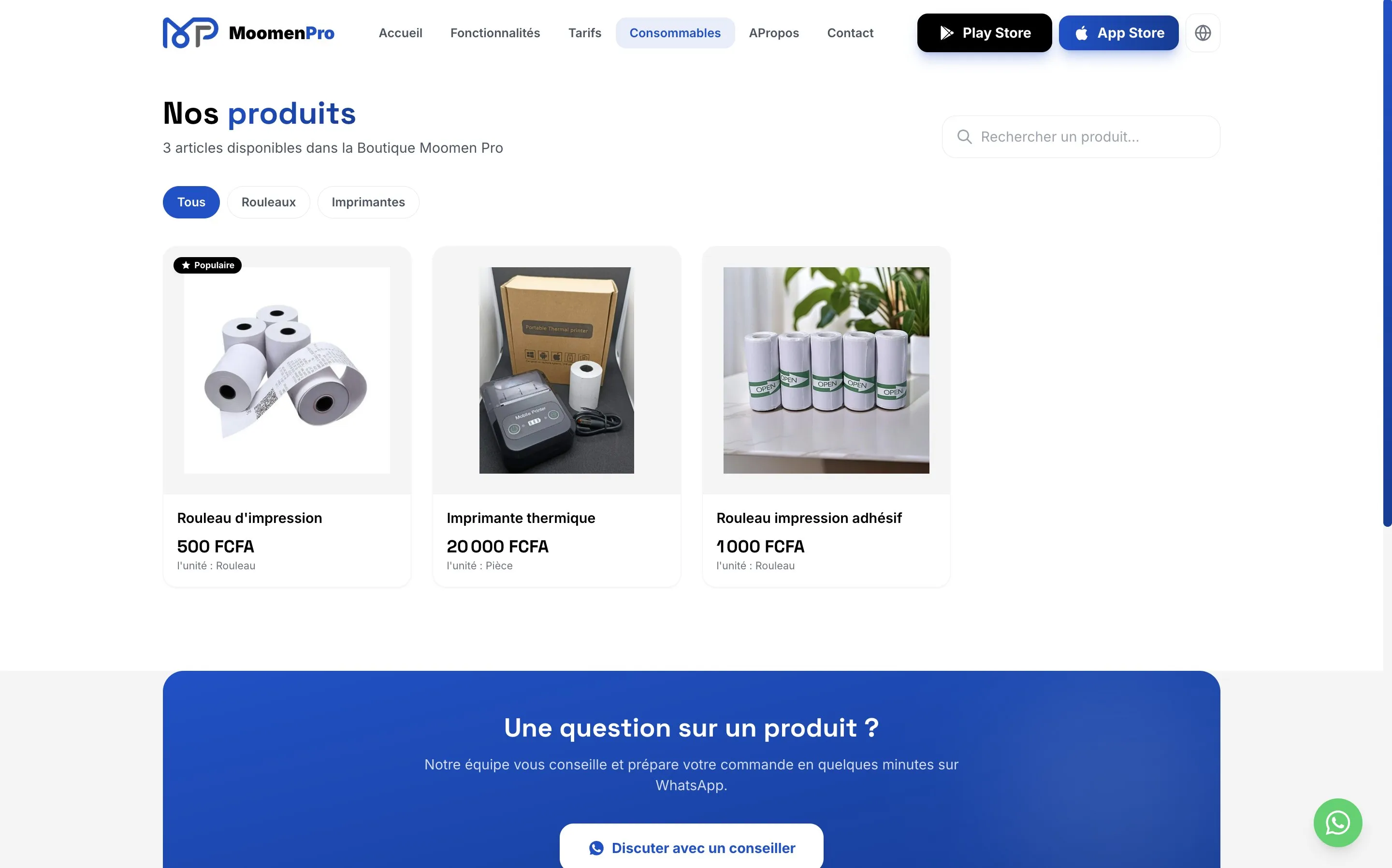 Boutique des consommables avec recherche, filtres par catégorie et cartes produits